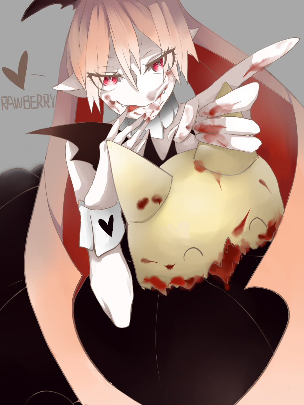1girl, artist_request, black_dress, blood, blood_on_face, blood_on_hands, cannibalism, character_name, commentary_request, demon_girl, dress, fangs, female_focus, funamusea, giving, haiiro_teien, heart, highres, long_hair, looking_at_viewer, mogeko_(funamusea), mogeko_castle, monster_girl, pink_hair, ponytail, puffy_sleeves, rawberry, religious_offering, severed_head, solo