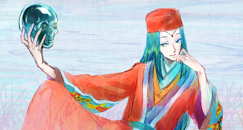 androgynous, bone, cowboy_shot, gender_request, hat, holding, japanese_clothes, letterboxed