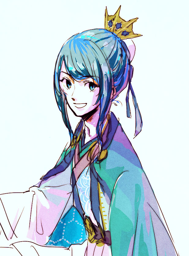 1boy, :d, belt, blue_eyes, blue_hair, bun_cover, crown, japanese_clothes