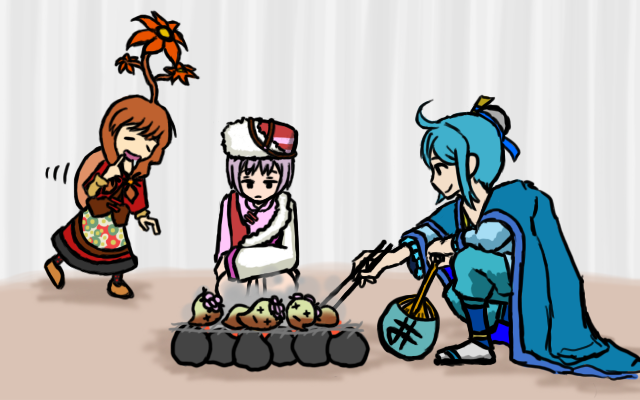 1boy, 2girls, artist_request, blue_hair, brown_hair, cooking, hand_fan, japanese_clothes