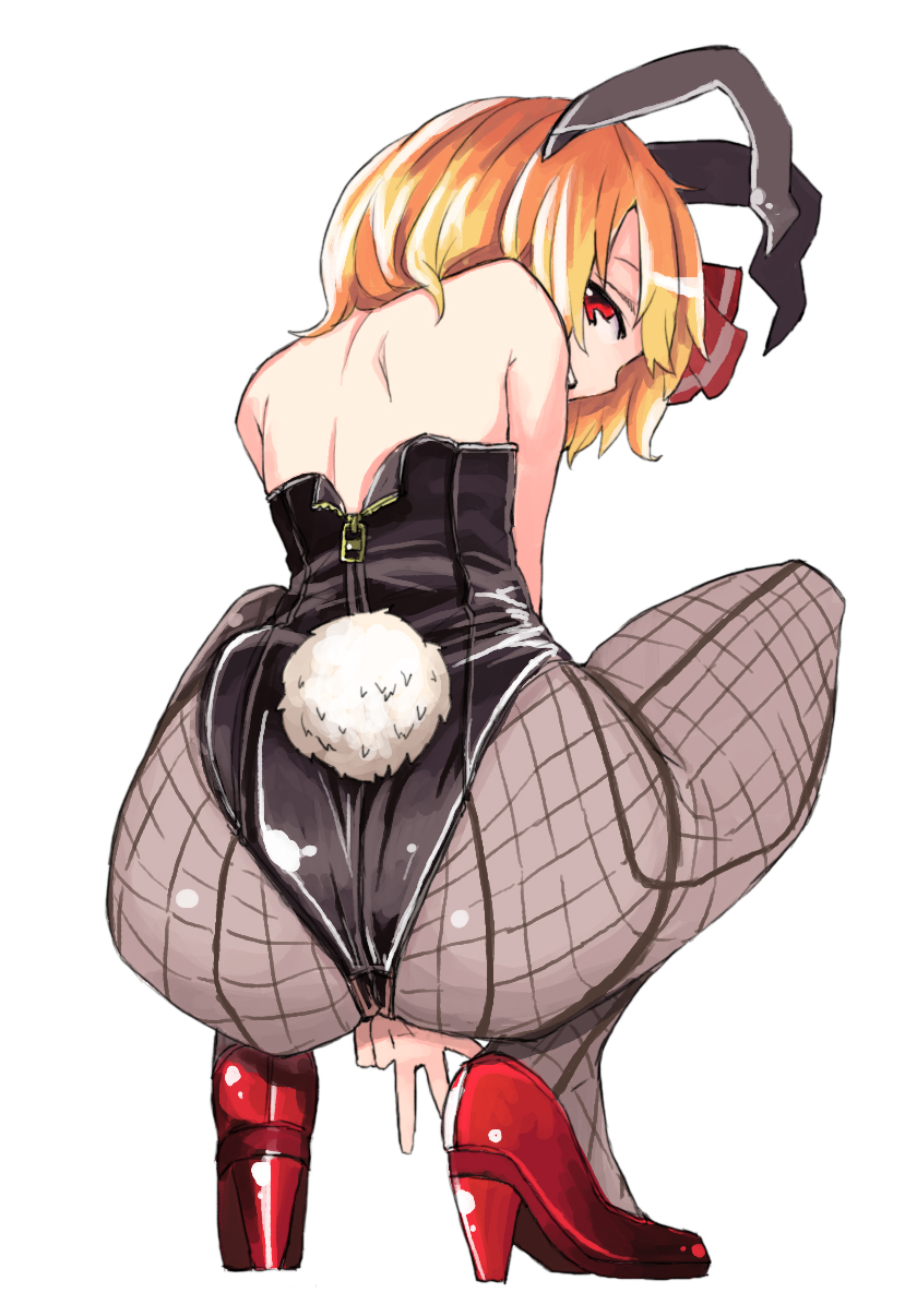 1girl, animal_ears, ass, back, bare_shoulders, black_pantyhose, blonde_hair, female_focus, fishnet_pantyhose, fishnets, full_body, high_heels, looking_at_viewer, looking_back, pantyhose, playboy_bunny, rabbit_ears, rabbit_tail, red_eyes, red_shoes, rumia, shoes, short_hair, simple_background, solo, squatting, tail, touhou, v, yunuki_uta, zipper