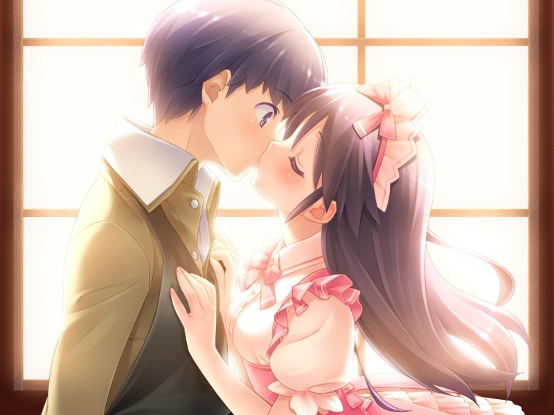 1boy, 1girl, backlighting, black_hair, cafe_sourire, closed_eyes, gayarou, hands_on_another's_chest