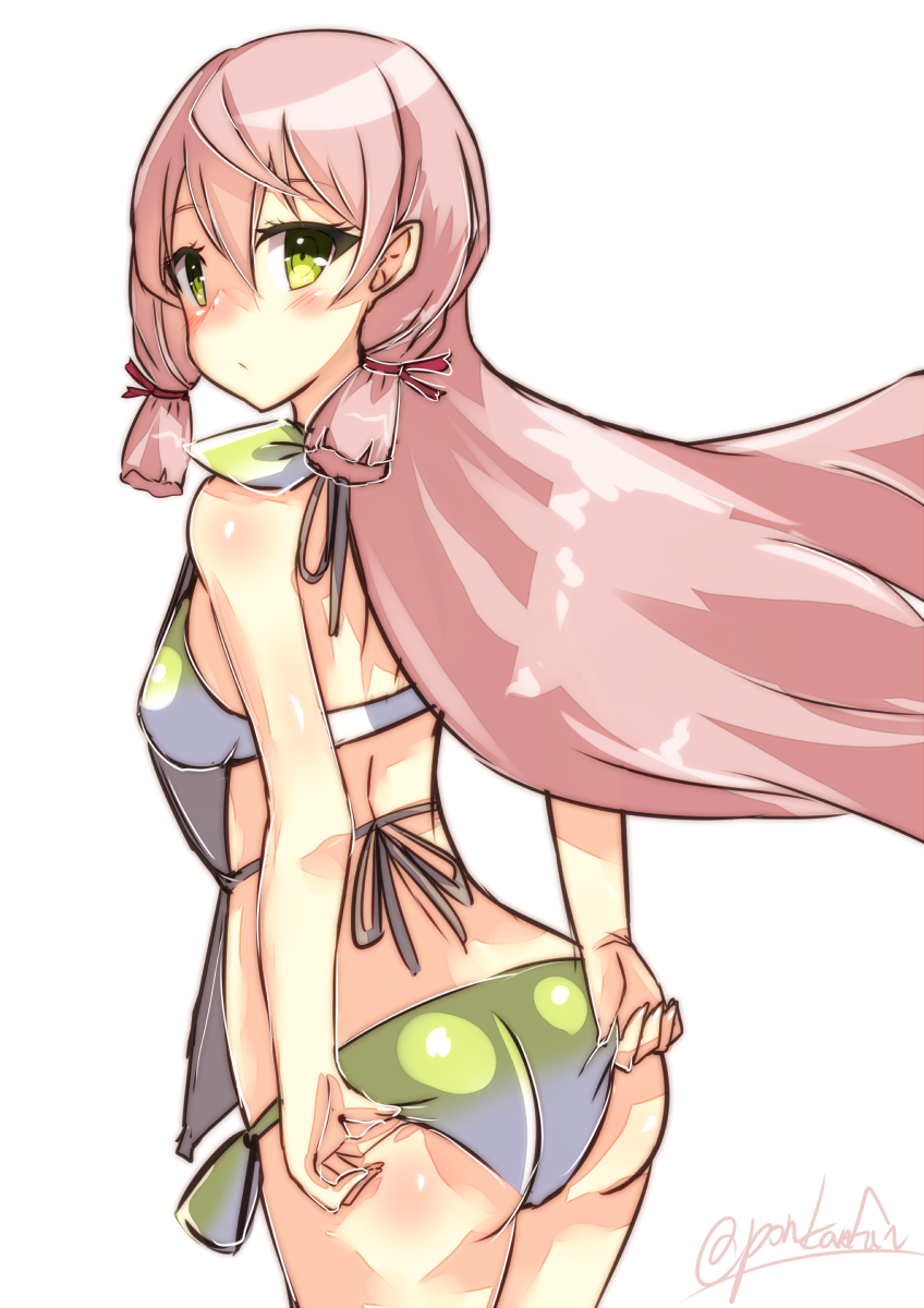 10s, 1girl, adjusting_clothes, adjusting_swimsuit, akashi_(kancolle), apron, bad_id, bad_twitter_id