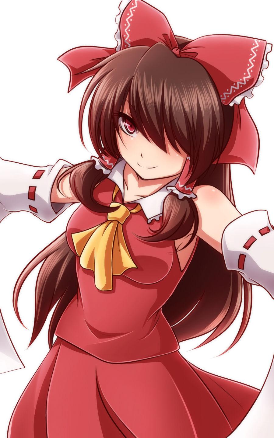 1girl, ascot, bow, brown_hair, detached_sleeves, female_focus, hair_bow, hair_over_one_eye