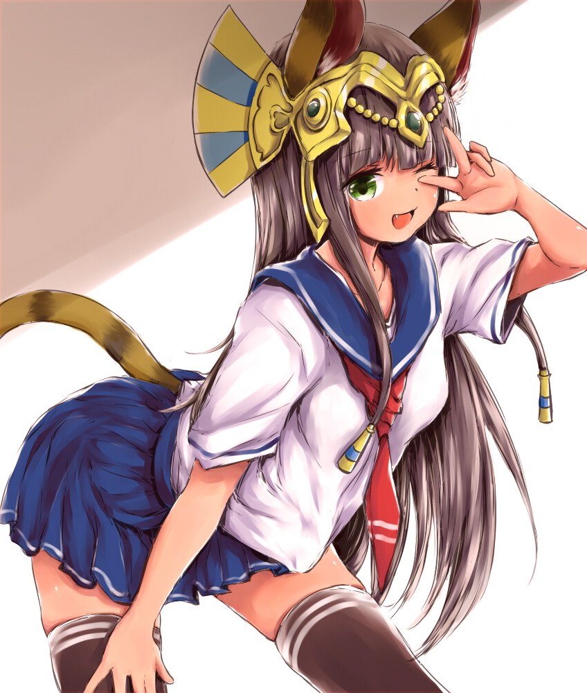 1girl, ;d, ancient_egyptian, animal_ears, bad_id, bad_pixiv_id, bastet_(p&amp;d), black_thighhighs, blush, brown_hair, cat_ears, cat_tail, dark-skinned_female, dark_skin, fang, female_focus, green_eyes, jewelry, long_hair, looking_at_viewer, one_eye_closed, open_mouth, pleated_skirt, puzzle_&amp;_dragons, school_uniform, serafuku, silver_(chenwen), silver_(pixiv5594793), sketch, skirt, smile, solo, tail, thighhighs, v, w, zettai_ryouiki