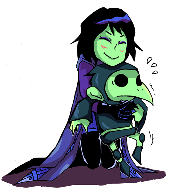 1girl, black_hair, blush, cape, colored_skin, gloves, green_skin, hug