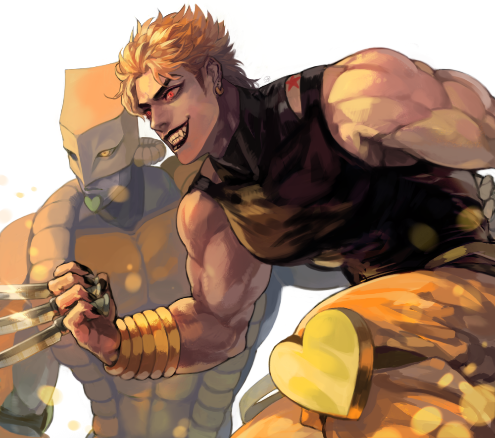 1boy, birthmark, black_lips, black_nails, blonde_hair, blurry, dio_brando, earrings