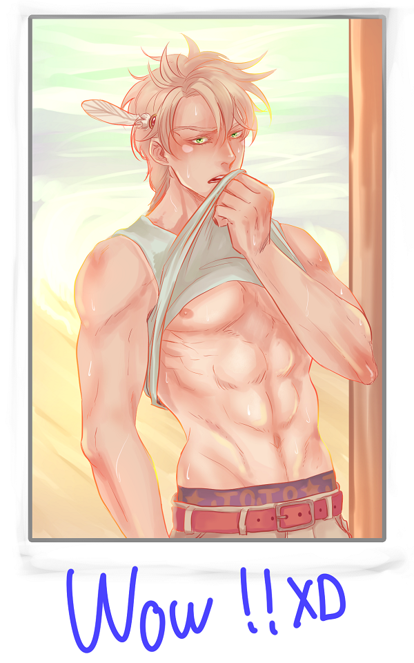 1boy, abs, belt, blonde_hair, caesar_anthonio_zeppeli, clothes_lift, green_eyes, jojo_no_kimyou_na_bouken, male_focus, muscular, n_(ccc_7), photo_(object), shirt_lift, solo, sweat, tank_top, upper_body, winged_hair_ornament