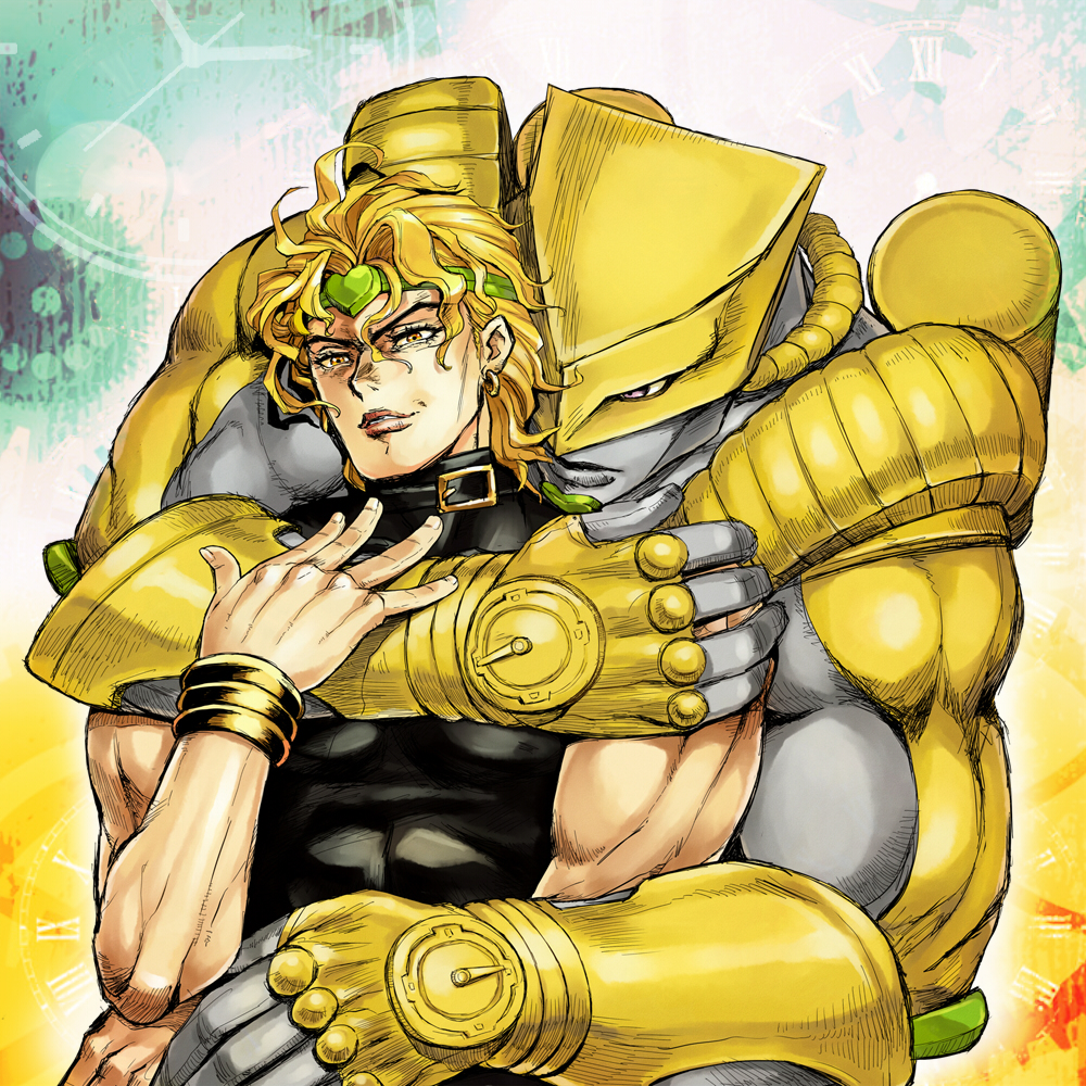 1boy, belt, blonde_hair, clock, collar, dio_brando, earrings, headband, hug, hug_from_behind, jewelry, jojo_no_kimyou_na_bouken, kakyoi, male_focus, roman_numeral, smile, solo, stand_(jojo), the_world_(stand), upper_body, wrist_cuffs, yellow_eyes