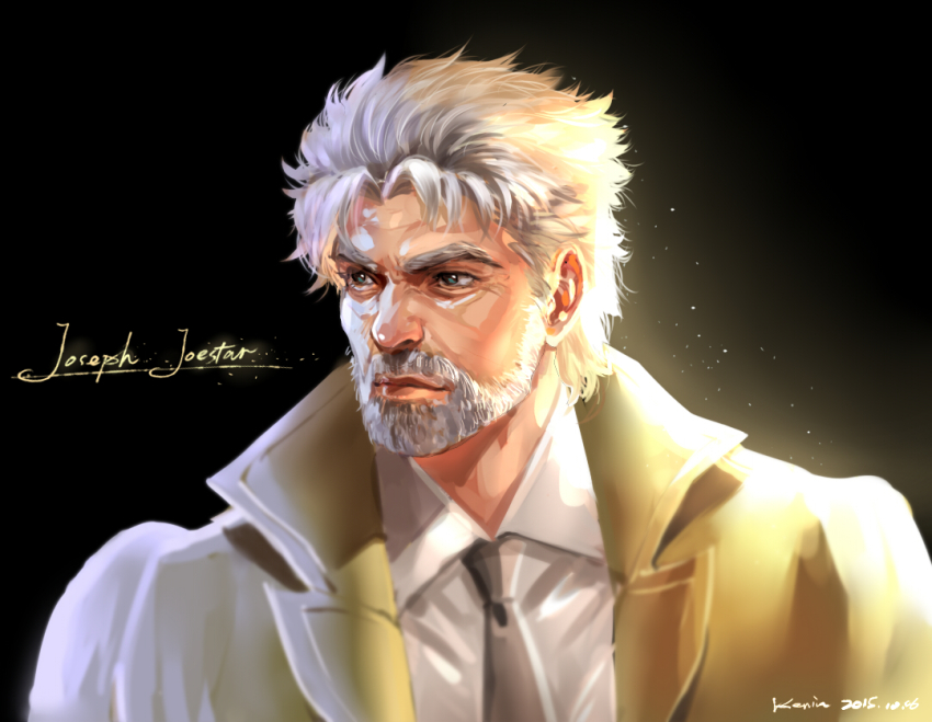 1boy, artist_name, beard, blue_eyes, blurry, character_name, dated, facial_hair, grey_hair, jojo_no_kimyou_na_bouken, joseph_joestar, joseph_joestar_(old), kenin, light, looking_away, male_focus, necktie, portrait, realistic, signature, solo