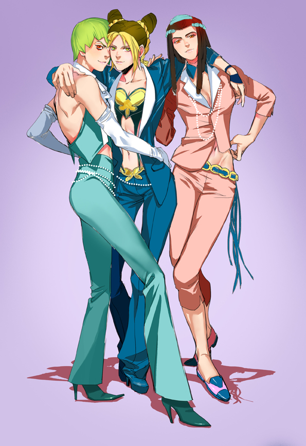 3girls, aqua_hair, avicy, bead_bracelet, beads, black_hair, blonde_hair, bracelet, breasts, cleavage, cone_hair_bun, double_bun, dreadlocks, elbow_gloves, ermes_costello, foo_fighters_(jojo), full_body, gloves, green_eyes, green_hair, groin, hair_bun, high_heels, jacket, jewelry, jojo_no_kimyou_na_bouken, kuujou_jolyne, large_breasts, medium_breasts, multicolored_hair, multiple_girls, navel, no_bra, red_eyes, stiletto_heels, two-tone_hair, white_gloves
