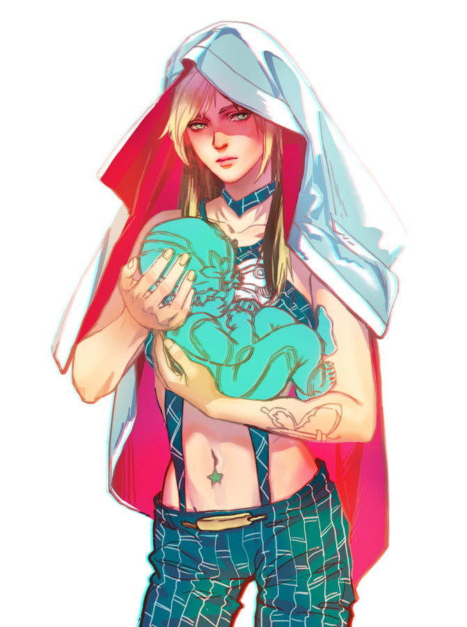 1girl, avicy, black_hair, blanket, blonde_hair, carrying, chromatic_aberration, cowboy_shot