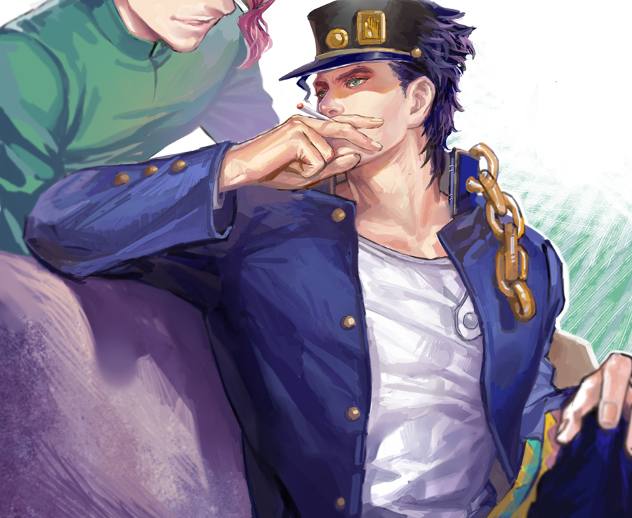 2boys, avicy, blurry, chain, cigarette, depth_of_field, green_eyes, hat