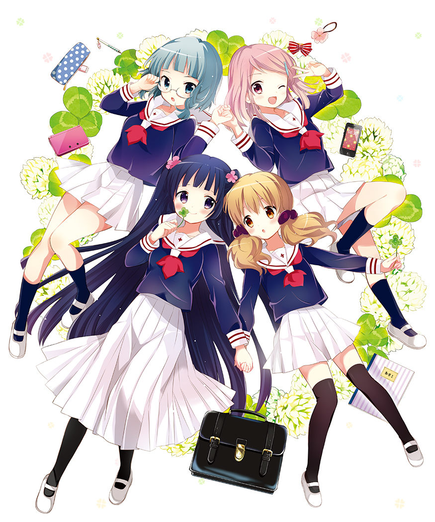 4girls, ;d, black_hair, braid, briefcase, cellphone, clover, clover_(flower)