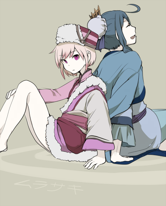 1boy, 1girl, androgynous, back-to-back, blue_hair, expressionless, hat, headwear_request, japanese_clothes, kairi_(murasaki), looking_at_viewer, matsuge_(gajigaji), murasaki_(game), pink_eyes, pink_hair, satsuki_(murasaki), simple_background, sitting, smile