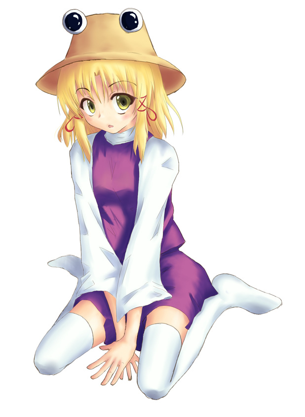1girl, blonde_hair, female_focus, hat, moriya_suwako, ribbon, shio_(artist), shio_(cl2ga), short_hair, sitting, solo, thighhighs, touhou, v_arms, wariza, white_background, white_thighhighs, yellow_eyes