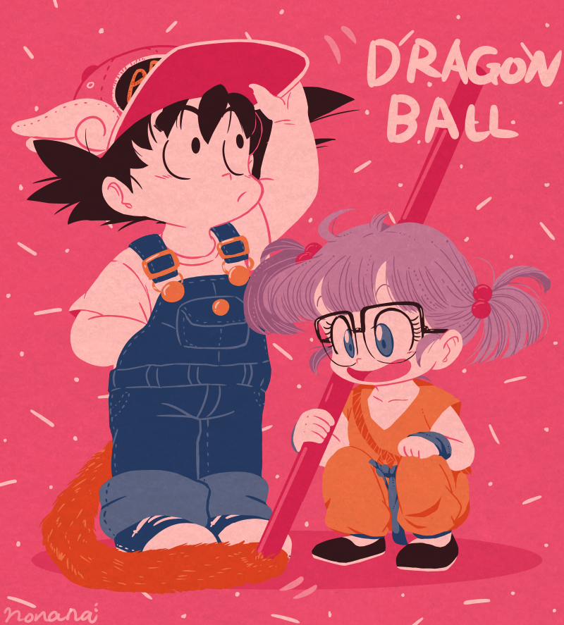 1boy, 1girl, artist_name, black_eyes, black_hair, blue_eyes, copyright_name, cosplay, costume_switch, creator_connection, dougi, dr._slump, dragon_ball, glasses, hair_bobbles, hair_ornament, hat, light_purple_hair, monkey_tail, nonana_(mikudrop), norimaki_arale, norimaki_arale_(cosplay), overalls, ruyi_jingu_bang, signature, son_goku, son_goku_(cosplay), squatting, staff, tail, twintails, utility_pole