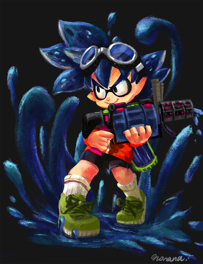 1boy, artist_name, bike_shorts, black_eyes, blue_hair, child, dragon_ball, dragonball_z, full_body, ink_tank_(splatoon), inkling, inkling_boy, inkling_player_character, male_focus, monster_boy, nintendo, nonana_(mikudrop), paint, pointy_ears, shoes, signature, smile, sneakers, solo, son_goten, splatoon_(series), splatoon_1, splatoonification, super_soaker, tentacle_hair
