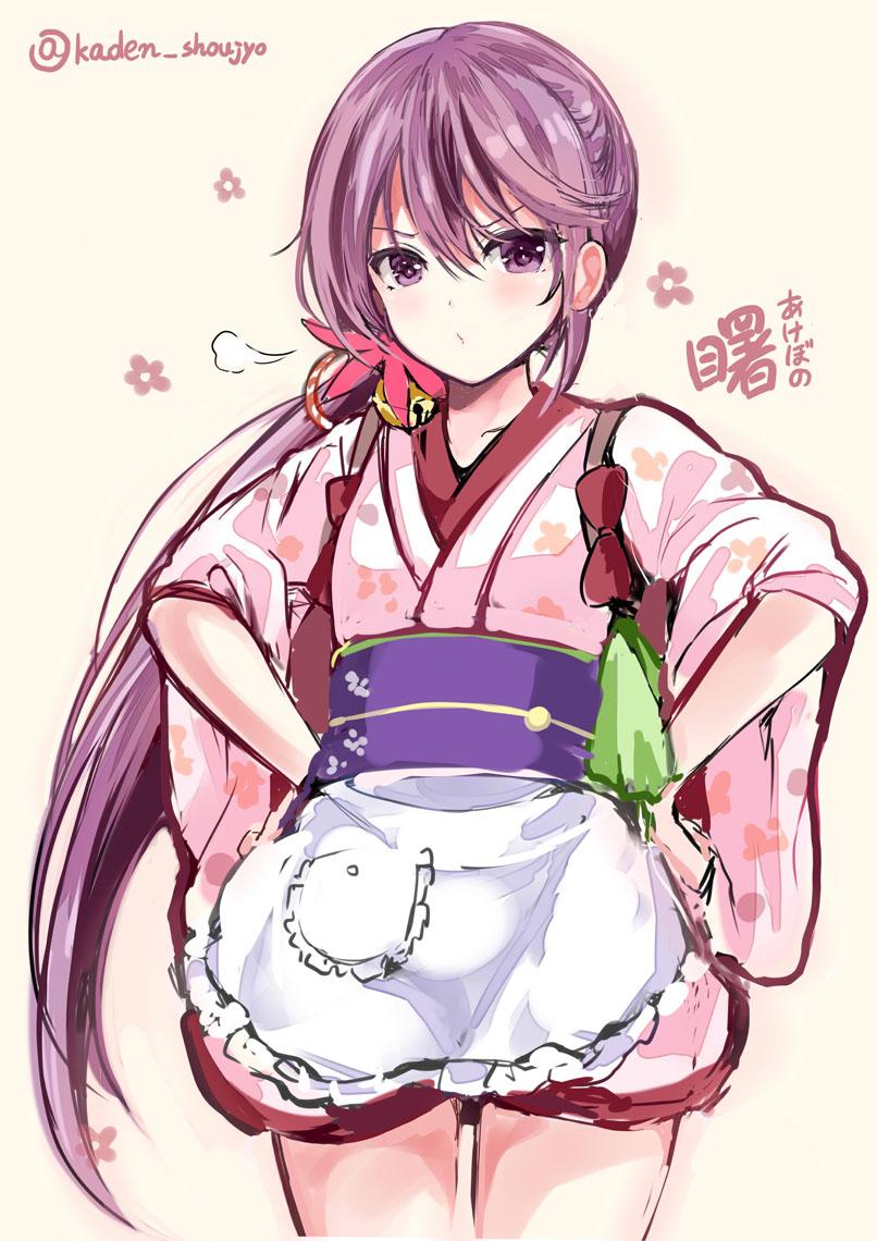 10s, 1girl, akebono_(kancolle), akebono_(new_year)_(kancolle), apron, bell, character_name, female_focus