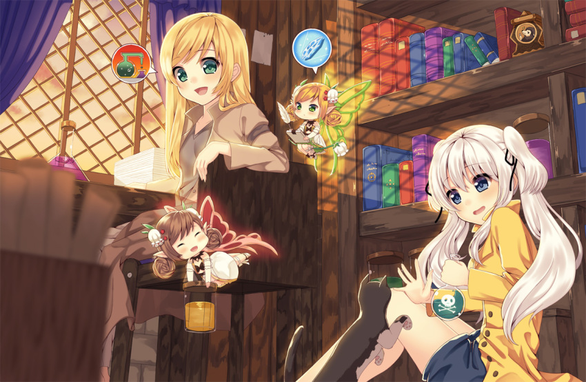 4girls, :d, ^_^, animal, black_cat, blonde_hair, blue_eyes, blush