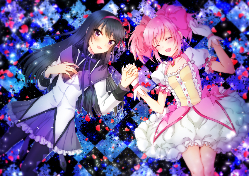 10s, 2girls, akemi_homura, akemi_homura_(magical_girl), bad_id, bad_pixiv_id, black_hair, checkered_floor