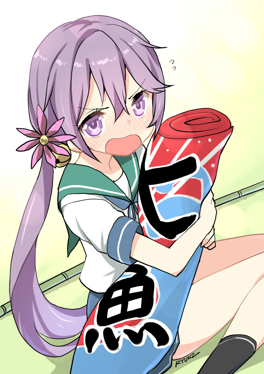 10s, 1girl, absurdres, akebono_(kancolle), bell, blush, carrying, commentary_request