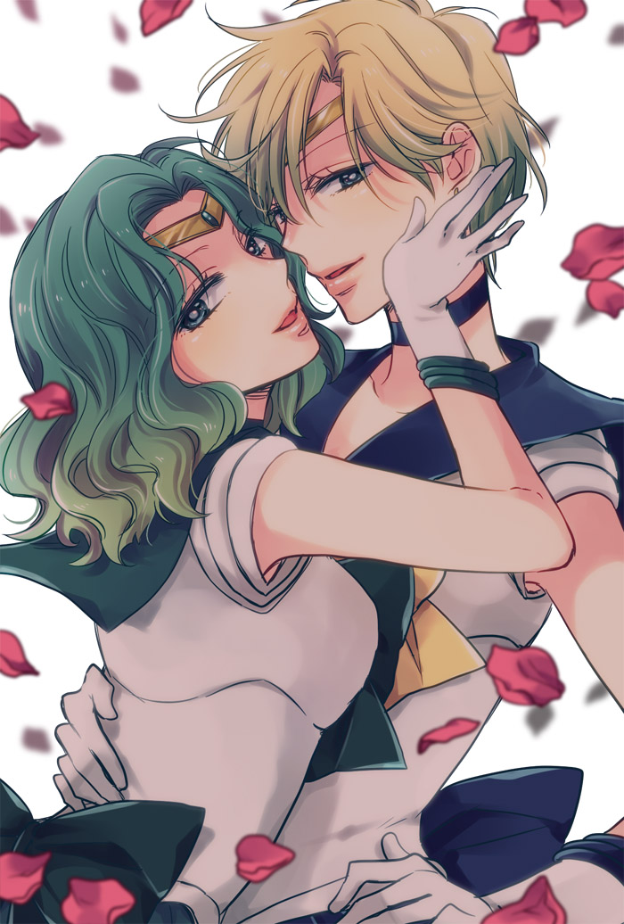 2girls, androgynous, aqua_hair, bishoujo_senshi_sailor_moon, blonde_hair, blue_sailor_collar, blurry, butch/femme_couple, choker, circlet, couple, depth_of_field, gloves, hand_on_another's_cheek, hand_on_another's_face, holding, izumi_kouyou, kaiou_michiru, multiple_girls, open_mouth, outer_senshi, petals, rose_petals, sailor_collar, sailor_neptune, sailor_senshi, sailor_uranus, short_hair, ten'ou_haruka, very_short_hair, white_background, white_gloves, yuri