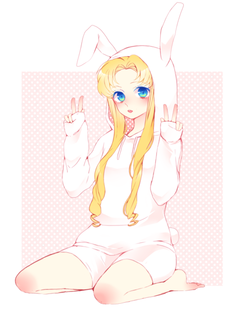 1girl, animal_ears, arichel, bad_id, bad_pixiv_id, barefoot, bishoujo_senshi_sailor_moon, blonde_hair, blue_eyes, double_v, fake_animal_ears, fake_tail, female_focus, full_body, hood, hooded_sweater, long_hair, rabbit_ears, rabbit_tail, seiza, sitting, solo, sweater, tail, tsukino_usagi, twintails, v