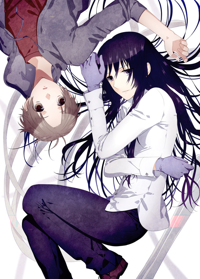 10s, 1boy, 1girl, brown_eyes, brown_hair, gloves, kujou_sakurako_(sakurako), long_hair