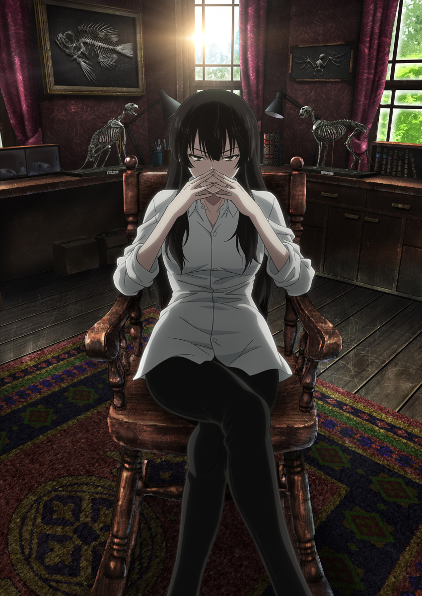 10s, 1girl, armchair, black_hair, black_pants, book, box, brown_eyes