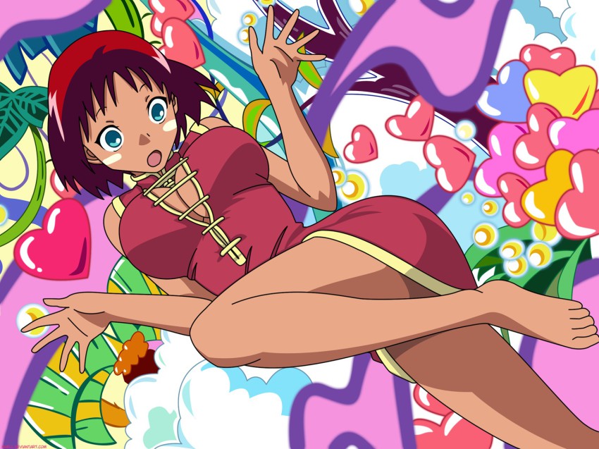 00s, 1girl, :o, aged_up, anime_screenshot, artist_request, bare_legs, barefoot, blush_stickers, breasts, china_dress, chinese_clothes, cleavage, derivative_work, dress, female_focus, heart, highres, huge_breasts, jungle_wa_itsumo_hare_nochi_guu, large_breasts, mari_(jungle_wa_itsumo), mari_(jungle_wa_itsumo_hare_nochi_guu), open_mouth, red_hair, short_hair, solo, thighs, toes, vector_trace