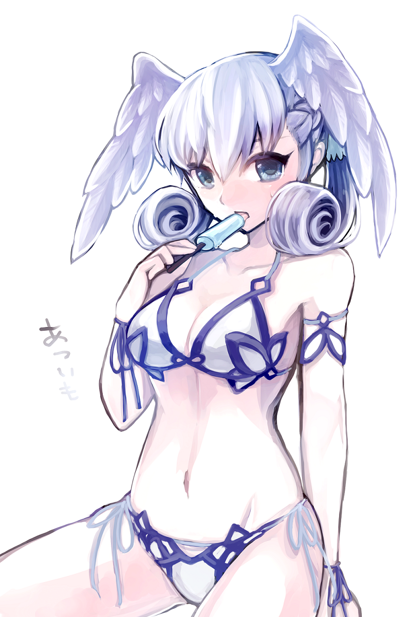 1girl, bad_id, bad_pixiv_id, bikini, blue_eyes, breasts, cleavage, curly_hair