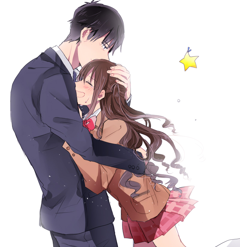10s, 1boy, 1girl, bad_id, bad_pixiv_id, black_hair, blazer, brown_hair, formal_clothes, height_difference, hetero, hug, idolmaster, idolmaster_cinderella_girls, jacket, kitchenset, long_hair, producer_(idolmaster), producer_(idolmaster_cinderella_girls_anime), school_uniform, shimamura_uzuki, side_ponytail, size_difference, star_(symbol), suit, tears, white_background