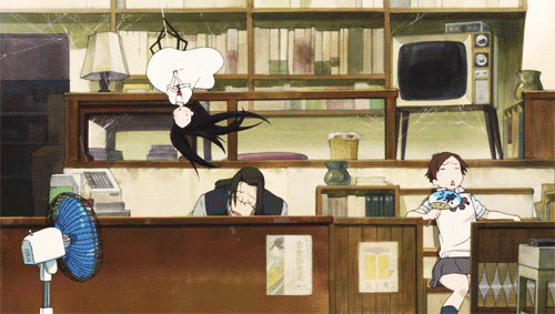 10s, 1boy, 2girls, animated, animated_gif, counter, arthropod_girl, lowres