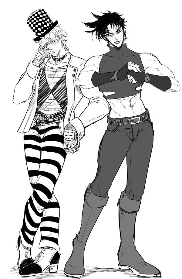 2boys, caesar_anthonio_zeppeli, cracking_knuckles, facial_mark, fingerless_gloves, gloves, greyscale, hat