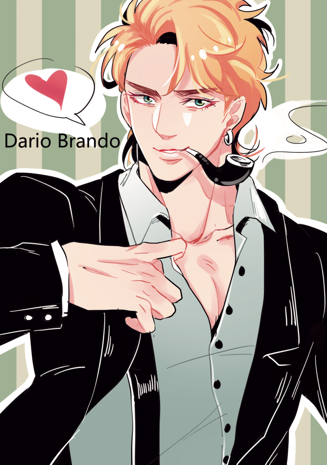 1boy, bad_id, bad_pixiv_id, blonde_hair, dario_brando, dio_brando, formal_clothes, green_eyes, heart, jojo_no_kimyou_na_bouken, male_focus, mealeston, phantom_blood, smoking_pipe, smoke, solo, spoken_heart, suit