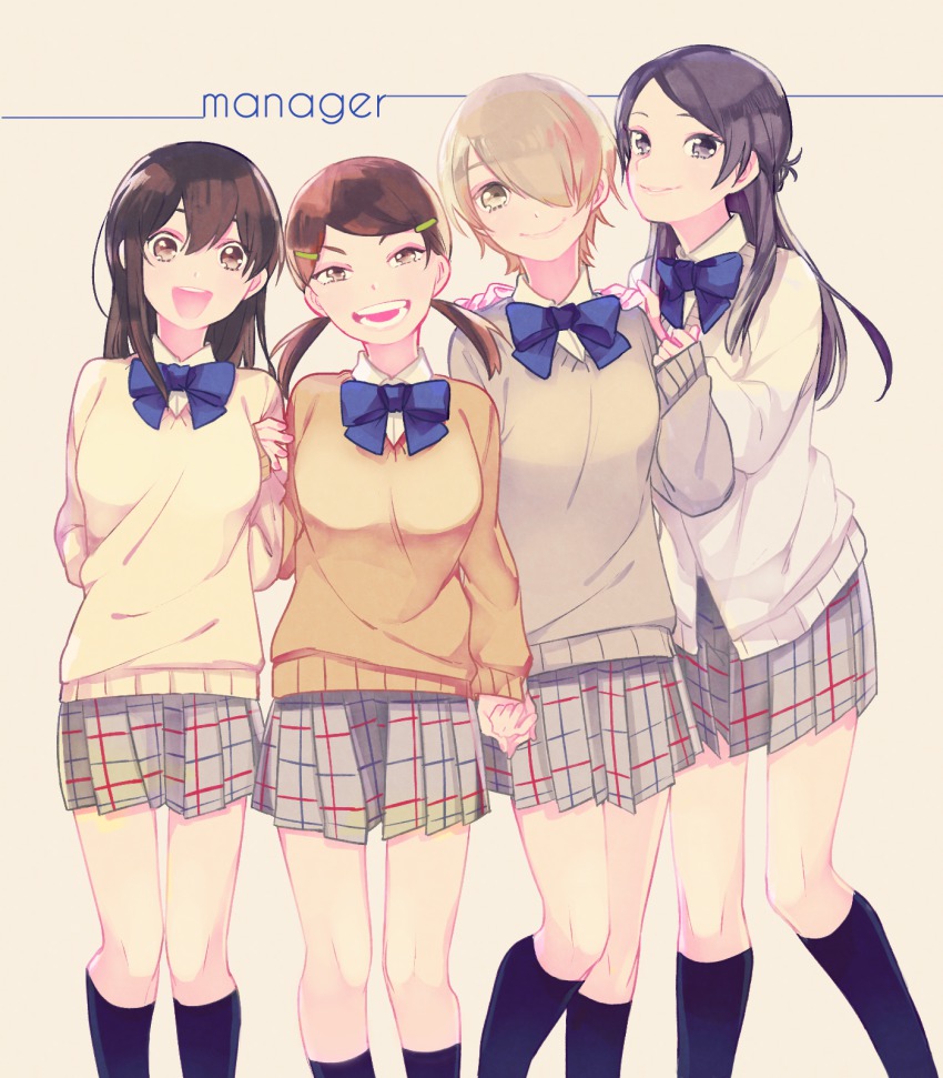 4girls, ace_of_diamond, black_hair, blue_legwear, brown_eyes, brown_hair, fujiwara_takako, hagiko, hair_over_one_eye, highres, kneehighs, long_hair, low_twintails, multiple_girls, natsukawa_yui, school_uniform, short_hair, skirt, smile, socks, sweater, twintails, umeno_sachiko, yoshikawa_haruno