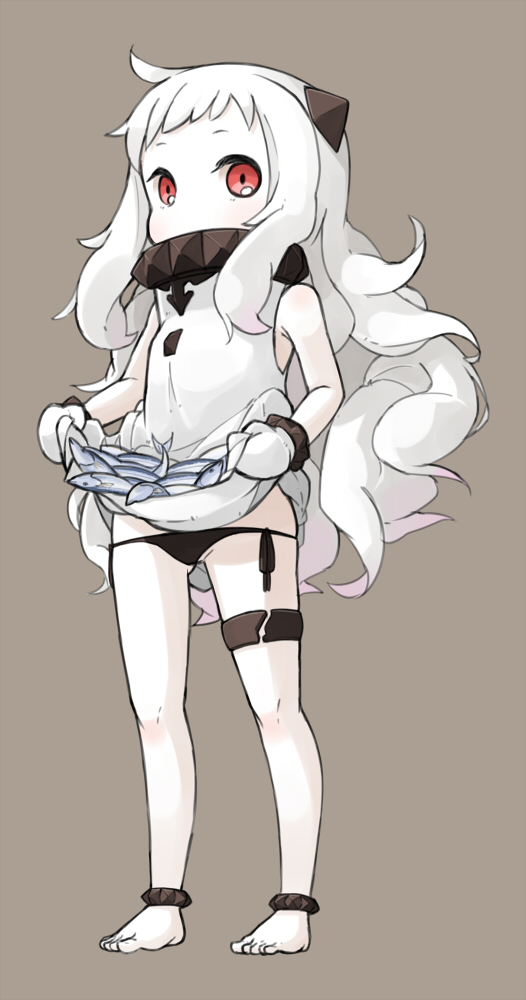 10s, 1girl, abyssal_ship, ahoge, barefoot, black_panties, colored_skin, commentary_request