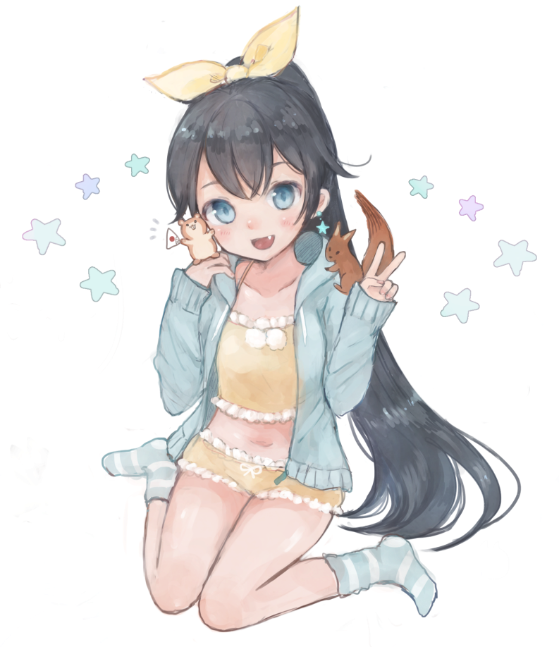 1girl, bad_id, bad_pixiv_id, black_hair, blue_eyes, fang, ganaha_hibiki, goron_(__goron), hamster, hamuzou, headphones, headphones_around_neck, hood, hoodie, idolmaster, idolmaster_(classic), long_hair, ponytail, sitting, smile, squirrel, v