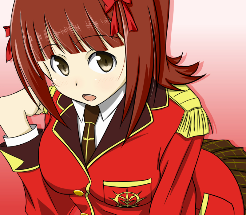 1girl, amami_haruka, brown_hair, epaulettes, gundam, hair_ribbon, idolmaster, idolmaster_(classic), military, military_uniform, open_mouth, ribbon, skirt, yuu_(aoakaflag), zeon