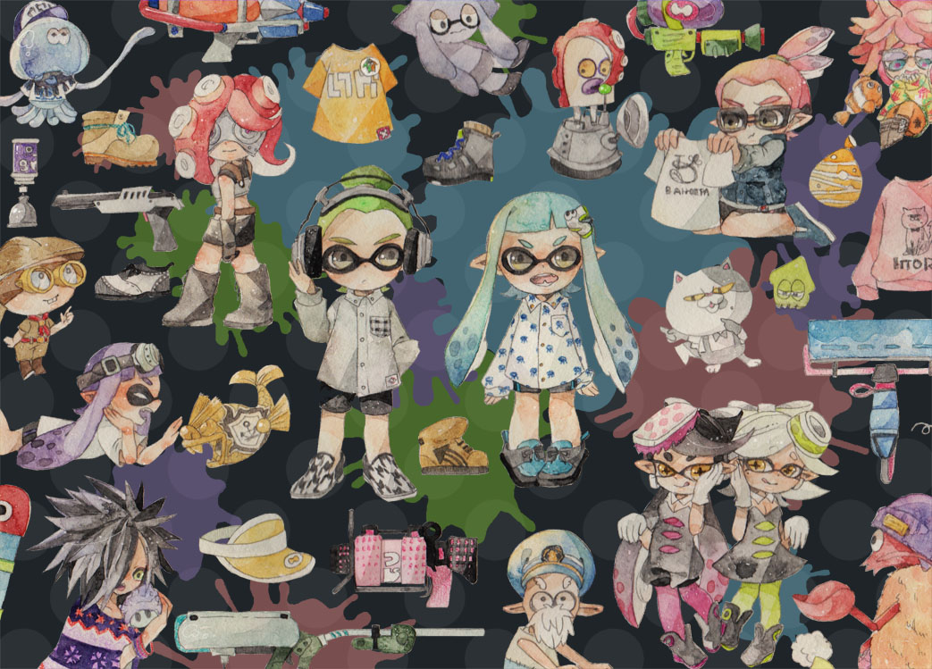6+boys, 6+girls, annie_(splatoon), belt, bike_shorts, black_hair, callie_(splatoon), callie_(squid_sisters_outfit)_(splatoon)