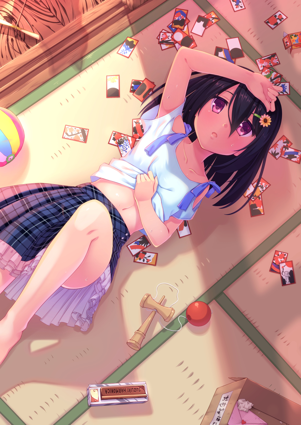 1girl, ball, bamboo_copter, barefoot, black_hair, blush, box, collarbone