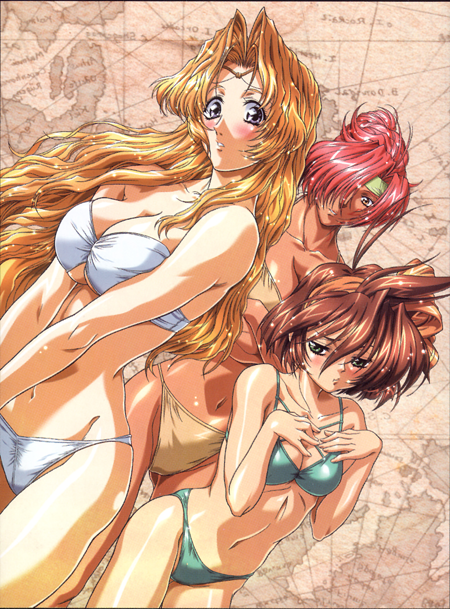 00s, 1990s_(style), 3girls, bikini, blonde_hair, blush, bow, breast_envy