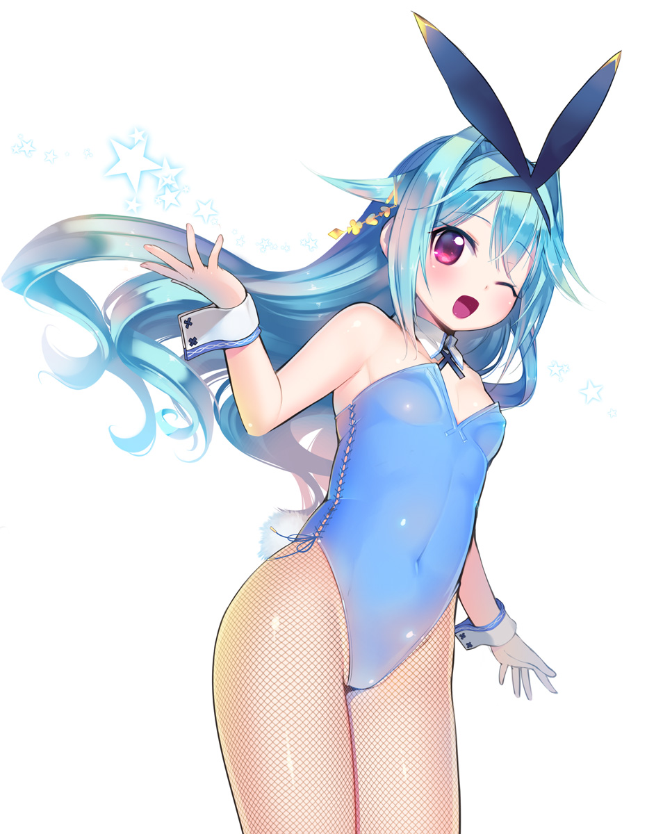 1girl, ;d, animal_ears, bare_shoulders, blue_hair, blush, bow, bowtie