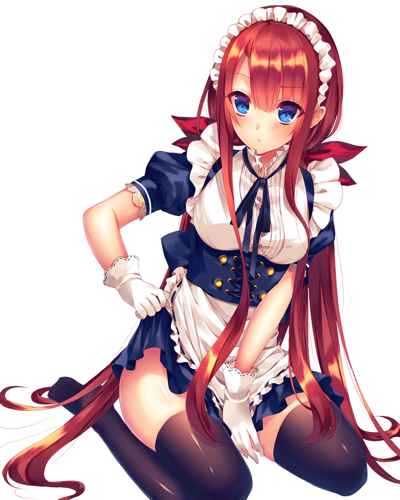 10s, 1girl, alternate_costume, bad_id, bad_pixiv_id, between_legs, black_thighhighs, blue_eyes