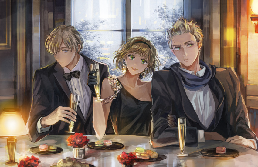 1girl, 2boys, 38ban, alcohol, arm_grab, arm_rest, averting_eyes, axis_powers_hetalia