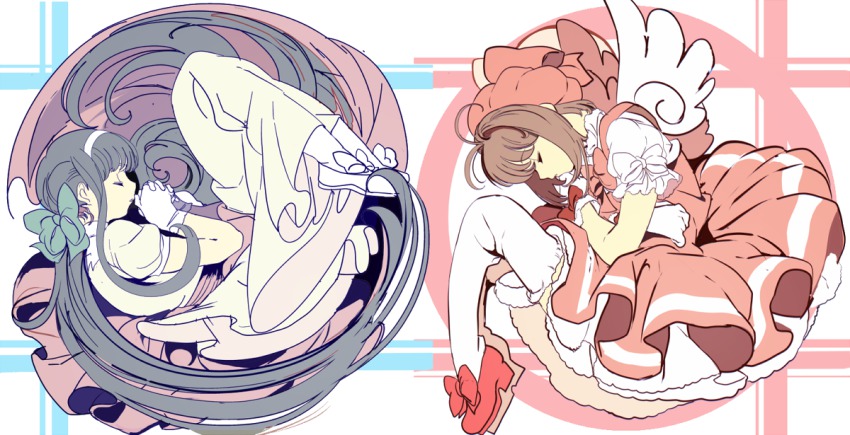 1990s_(style), 2girls, alternate_hairstyle, black_hair, bow, brown_hair, cardcaptor_sakura, closed_eyes, daidouji_tomoyo, dress, edoya_inuhachi, fetal_position, from_side, full_body, gloves, green_bow, hair_bow, hairband, hat, kinomoto_sakura, kinomoto_sakura_(magician), long_hair, low_ponytail, magical_girl, multiple_girls, own_hands_clasped, own_hands_together, petticoat, pink_dress, pink_hat, ponytail, profile, puffy_short_sleeves, puffy_sleeves, red_footwear, retro_artstyle, rondo-revolution, shoes, short_hair, short_sleeves, simple_background, thighhighs, very_long_hair, white_dress, white_gloves, white_legwear, wings