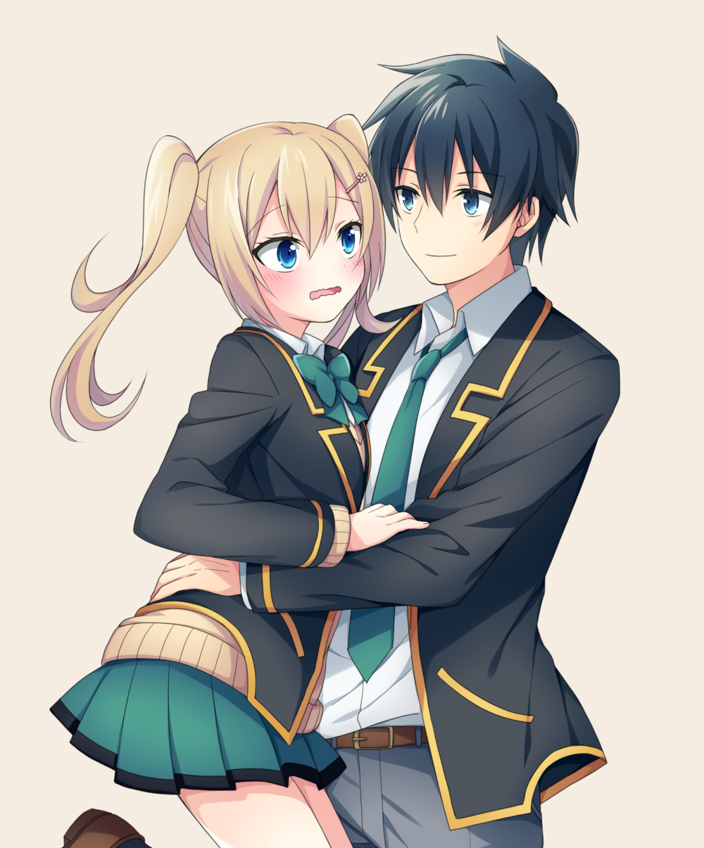 10s, 1boy, 1girl, black_hair, blazer, blonde_hair, blue_eyes, couple