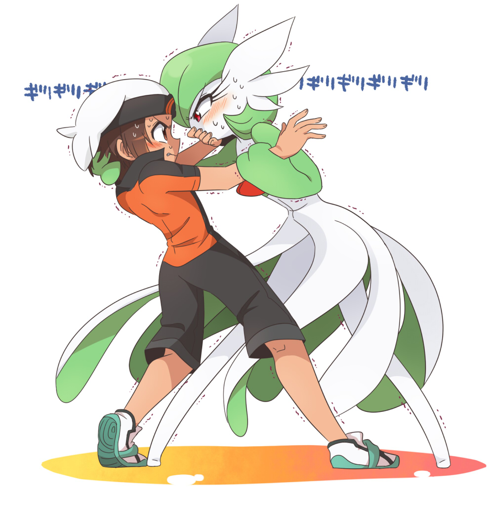 10s, 1boy, 1girl, arm_grab, assertive_female, bad_id, bad_pixiv_id, bano_akira, blush, brendan_(pokemon), brendan_(pokemon_oras), brown_hair, eye_contact, eyelashes, face-to-face, fighting, gardevoir, gen_3_pokemon, hat, looking_at_another, nintendo, no_feet, pokemon, pokemon_(creature), pokemon_omega_ruby_and_alpha_sapphire, profile, red_eyes, rejected_kiss, short_hair, short_sleeves, shorts, sweat, tan, trembling