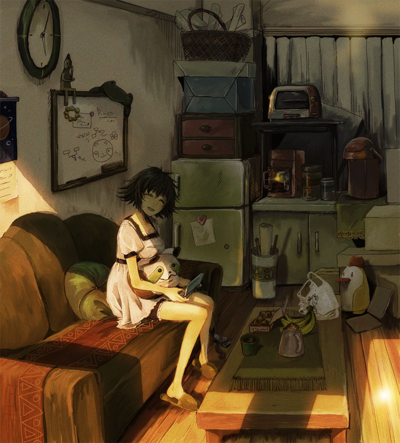 1girl, 5pb., :d, bag, banana, basket, black_hair, box, clock, closed_eyes, coffee_maker, couch, cup, dress, female_focus, food, fruit, full_body, handheld_game_console, indoors, mug, nintendo, nintendo_ds, nitroplus, missing_headwear, open_mouth, pillow, plastic_bag, playing_games, playing_video_games, refrigerator, science_adventure, shiina_mayuri, shopping_bag, sitting, smile, solo, steins;gate, table, tanbonota, whiteboard